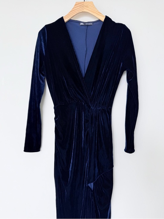 Zara Navy Velvet Wrap Midi Dress Ruched Slit Elegant Evening Size S - Picture 4 of 16